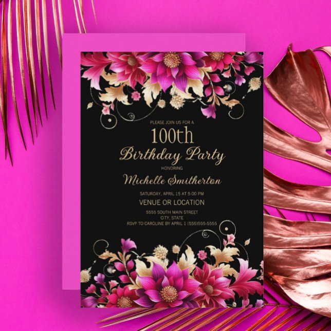Svart Rosa Guld Blommig 100-årsfest Inbjudningar (Black, fuchsia, gold floral 100th birthday party invitation)