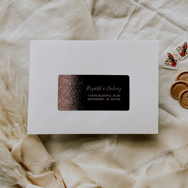 Svart Rosa Guld Glitter Bröllop RSVP Självadress Adressetikett (Skapare uppladdad)