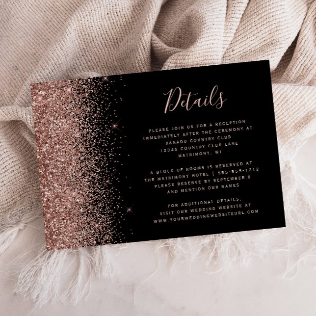 Svart Rosa Guld Glitter Kant Bröllopsdetaljer Tilläggskort (Skapare uppladdad)
