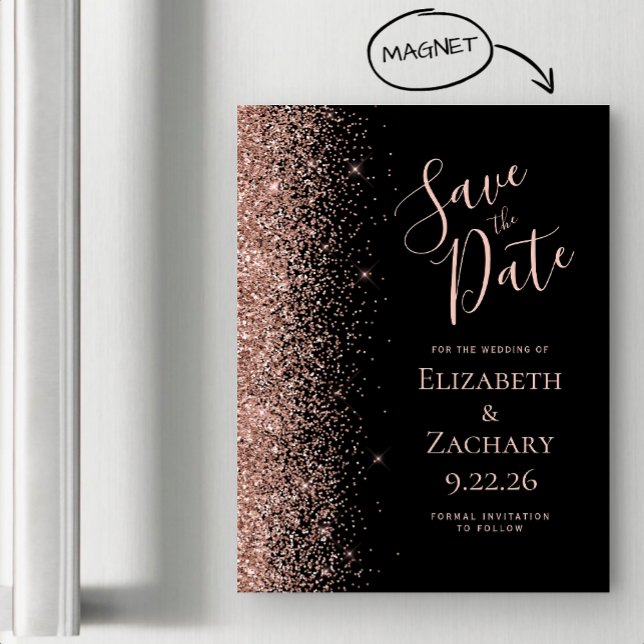 Svart Rosa Guld Glitter Magnetisk Save the Date (Skapare uppladdad)