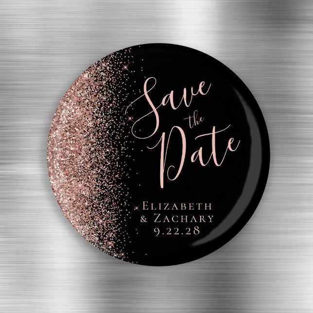 Svart Rosa Guld Glitter Skrift Spara Datum Magnet (Skapare uppladdad)
