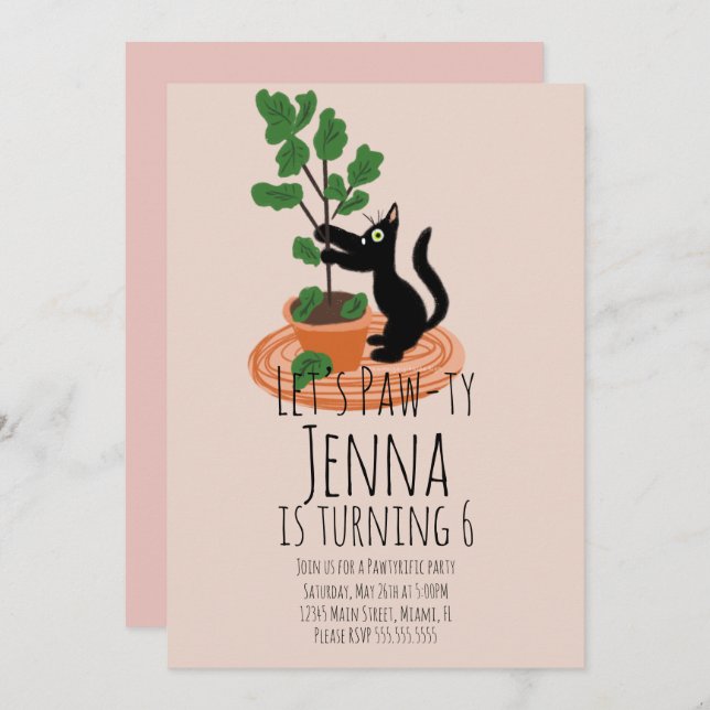 Svart Rosa-inbjudan för Cute Cat Födelsedagsfest  Inbjudningar (Fram/baksida)