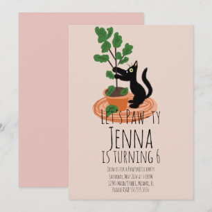 Svart Rosa-inbjudan för Cute Cat Födelsedagsfest  Inbjudningar
