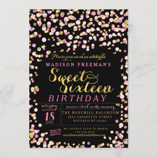 Svart rosa konfettiguld omkullkastar sött party 16 inbjudningar