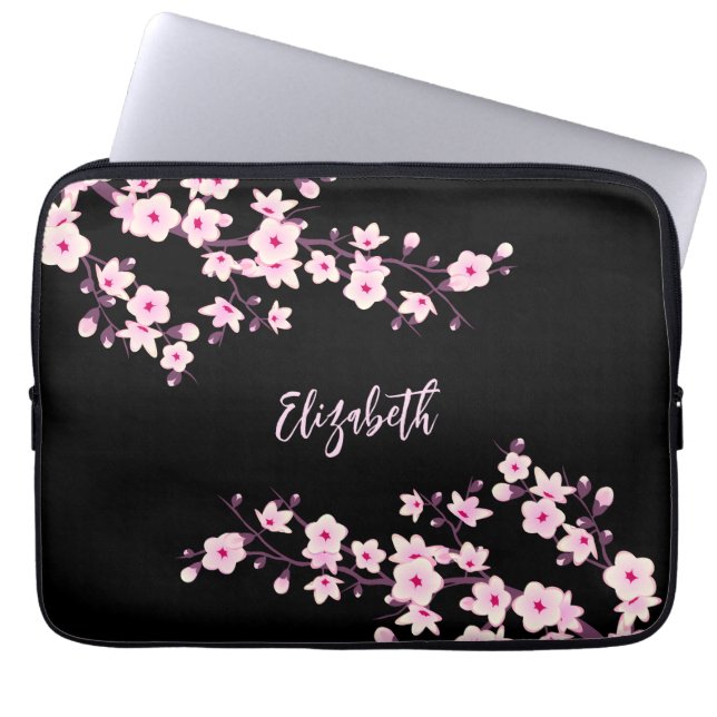 Svart Rosa Körsbärsblom Monogram Laptop Sleeve (Framsidan)
