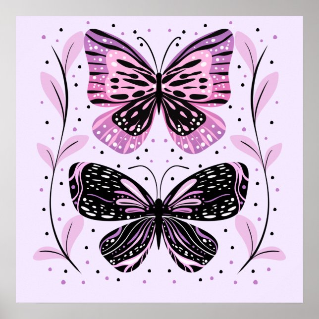 Svart, Rosa, Lila Butterflies Poster (Framsidan)