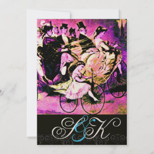 SVART ROSA LILA CYKEL BRÖLLLOP DAMASK MONOGRAM INBJUDNINGAR