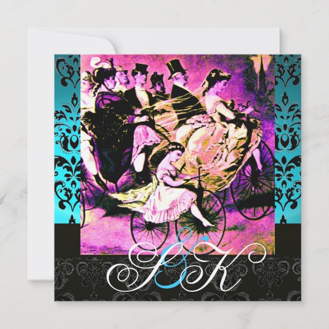 SVART ROSA LILA CYKEL BRÖLLLOP DAMASK MONOGRAM INBJUDNINGAR (Framsida)