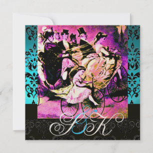 SVART ROSA LILA CYKEL BRÖLLLOP DAMASK MONOGRAM INBJUDNINGAR