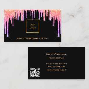 Svart rosa lila QR-kod glitter droppar Visitkort