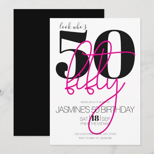 Svart Rosa Modern Elegant 50 Födelsedag  Inbjudningar (Fram/baksida)