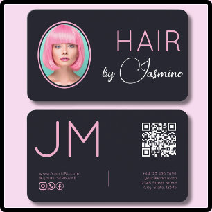 Svart Rosa Modern Foto Monogram QR Frisör Visitkort