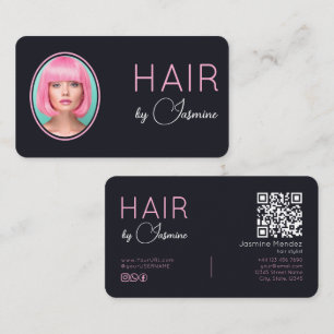Svart Rosa Modern Foto Monogram QR Frisör Visitkort