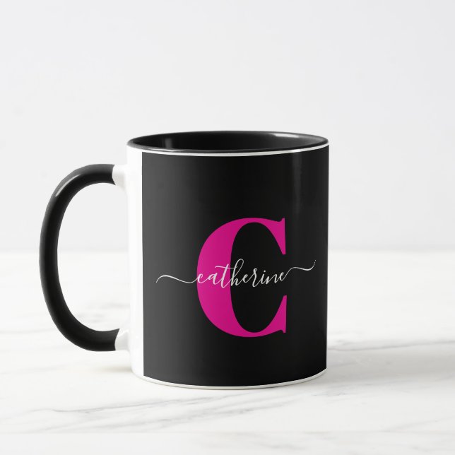 Svart Rosa Modern Stilfullt Skript Monogram Namn Mugg (Vänster)
