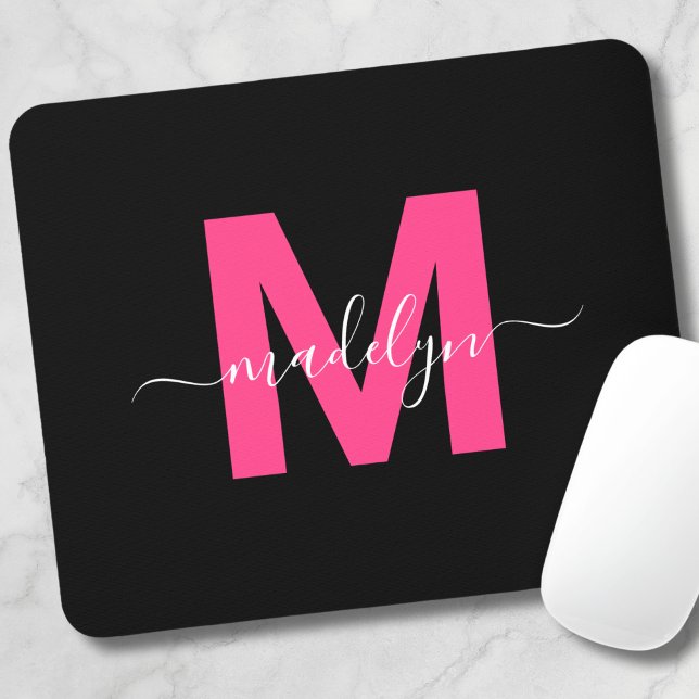 Svart Rosa Monogram Skript Namn Musmatta (Black Pink Monogram Script Name Mouse Pad )
