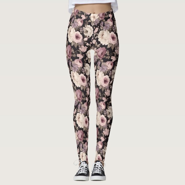 Svart rosa och beige blommigt Leggings (Framsida)