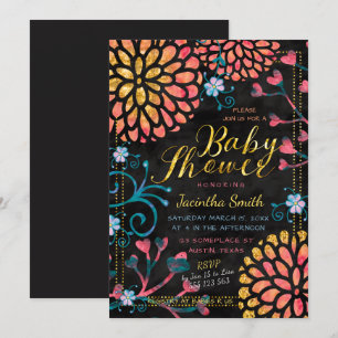 Svart Rosa och Guld Baby Shower Colorful Blommigt Inbjudningar