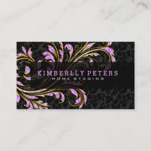 Svart, Rosa och Guld Blommigt Swirl Glitter Visitkort