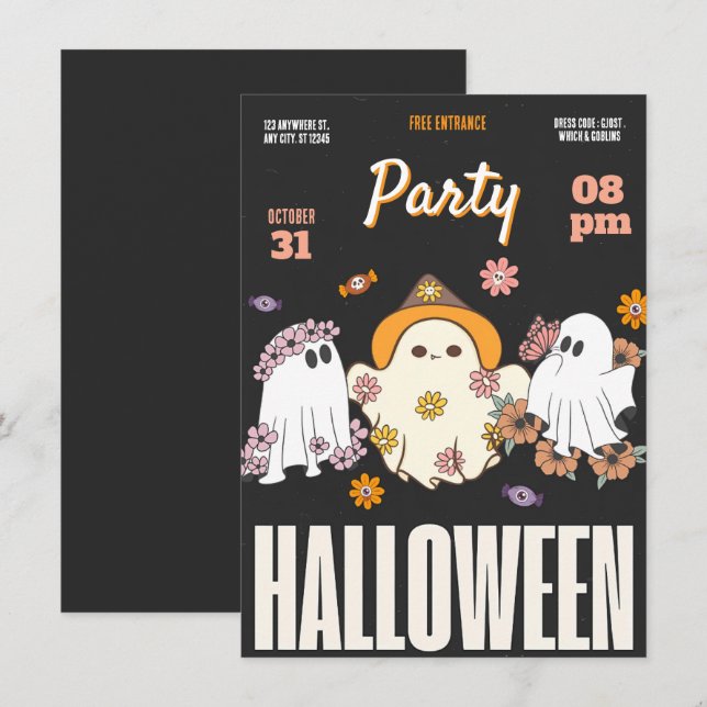 Svart, rosa och orange trendig Halloween-fest Inbjudningar (Fram/baksida)