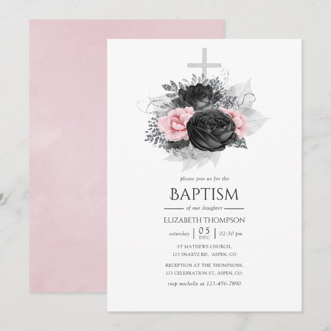Svart Rosa och Silver Vintage Ro Baptism Inbjudningar (Fram/baksida)
