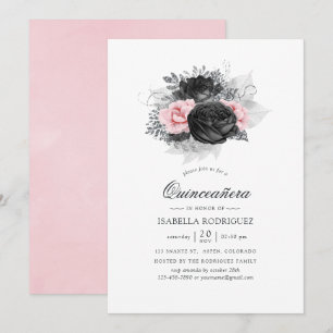 Svart Rosa och Silver Vintage Rosor Quinceañera Inbjudningar