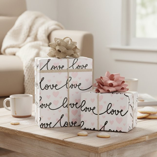 Svart, rosa och vit kärlek och hjärtan mönstrade presentpapper (Black, Pink & White Love And Hearts Patterned Wrapping Paper)