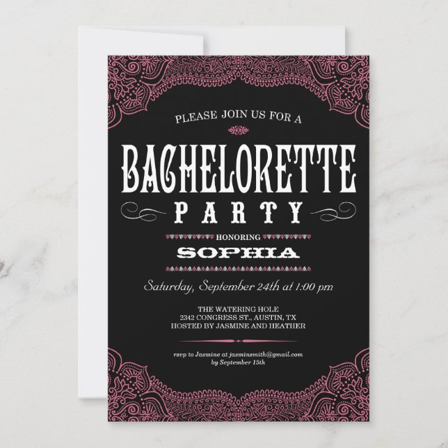 Svart & rosa Paisley Bachelorette partyinbjudan Inbjudningar (Framsida)