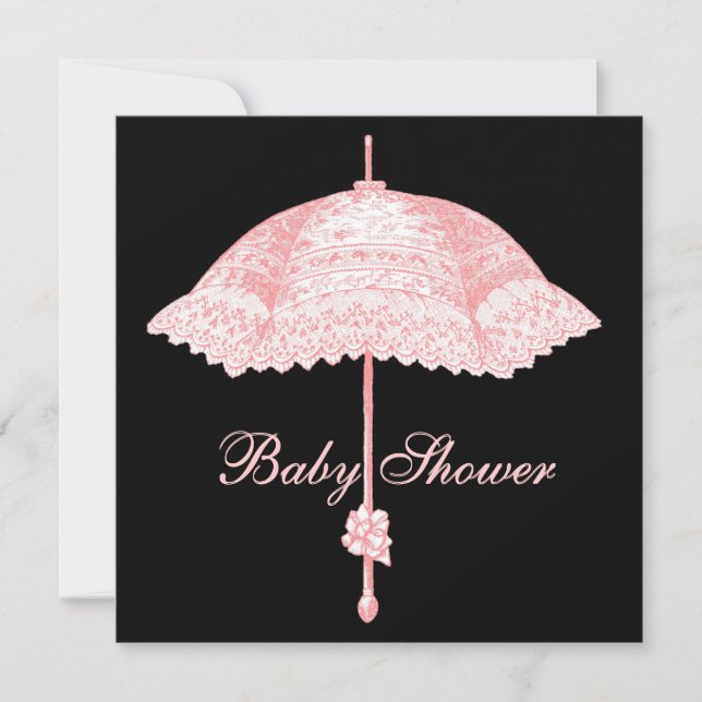 Svart Rosa Parasoll Paraply Babyflicka Dusj Inbjudningar (Framsida)