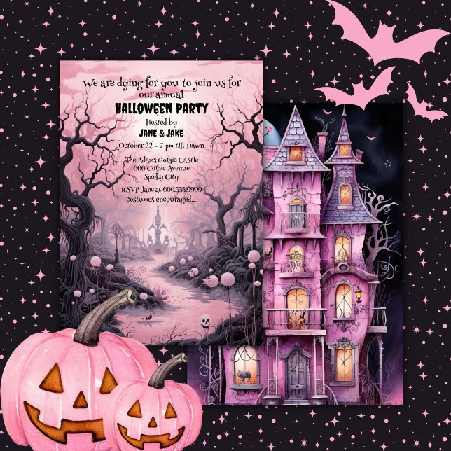 Svart&Rosa Pastel Goth Graveyard Halloween fest Inbjudningar (Skapare uppladdad)
