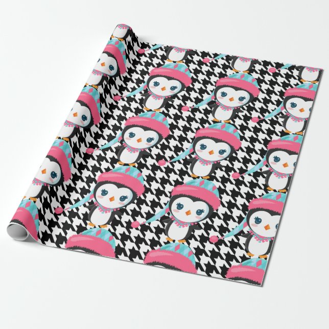Svart Rosa Penguin Wrapping Papper Presentpapper (Utrullad)