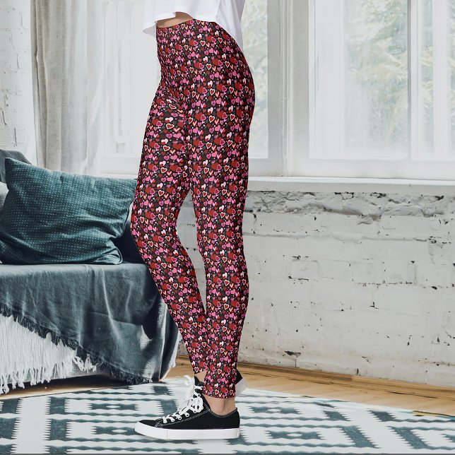 Svart Rosa Röda Hjärtan Kärlek Mönster Leggings (Skapare uppladdad)