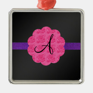 Svart rosa rosmonogram julgransprydnad metall