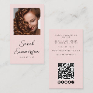 Svart Rosa Script Foto QR-kod Frisör Visitkort