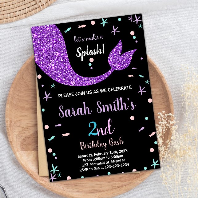 Svart Rosa Sjöjungfru Svan födelsedag Inbjudningar (Black Pink Mermaid Tail Birthday Invitations)