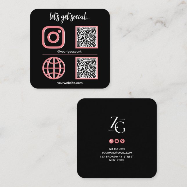 Svart | Rosa Social Media Sign med QR-kodsladd Fyrkantigt Visitkort (Fram/baksida)
