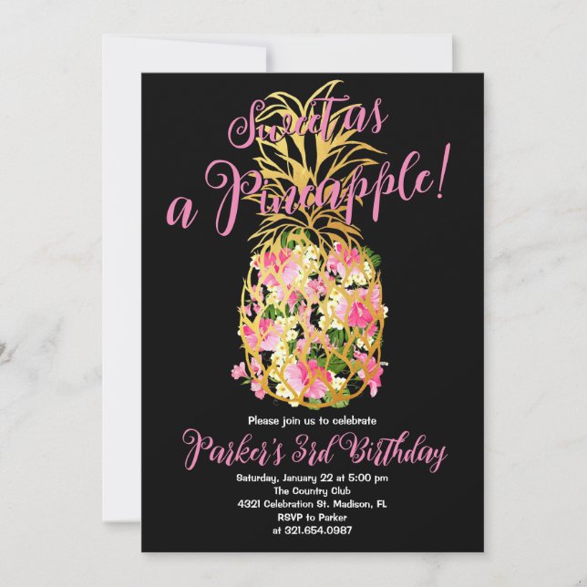 Svart Rosa Söt en Pineapple Födelsedagsfest Inbjudningar (Framsida)