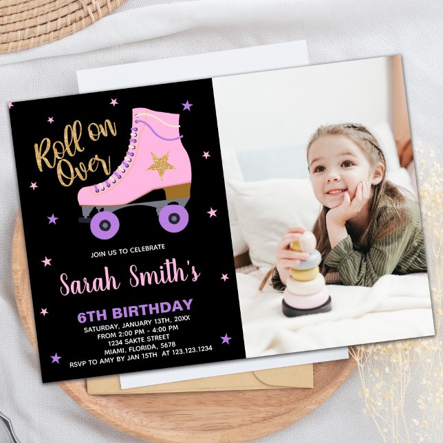 Svart Rosa Star Glitter Photo Skating Birthday Inbjudningar (Black Pink Star Glitter Photo Skating Birthday Invitation)