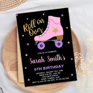 Svart Rosa Star Glitter Skating Birthday Inbjudningar