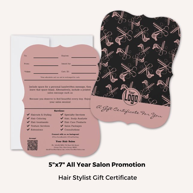 Svart Rosa Svart Hair Stylist Gift Certificate (5x7 Inch, Whimsical Pink Black Hair Stylist Gift Certificate, portrait format with bracket style)