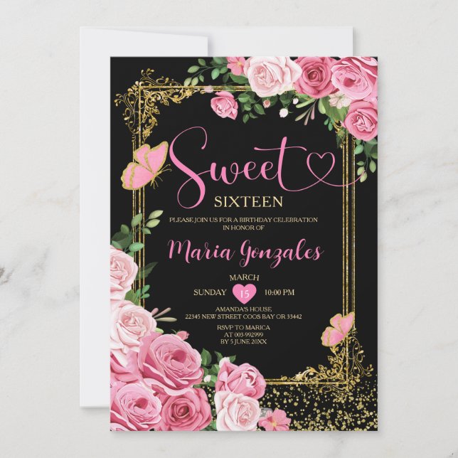 Svart Rosa Sweet sixteen Guld 16:e flickfödelsedag Inbjudningar (Framsida)