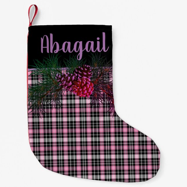 Svart, rosa tartan plaid-gräs cone liten julstrumpa (Framsidan)