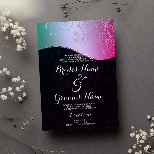 Svart Rosa Teal Gradient Blommigt Damask bröllop Inbjudningar (Black Pink Teal Gradient Floral Damask Wedding )