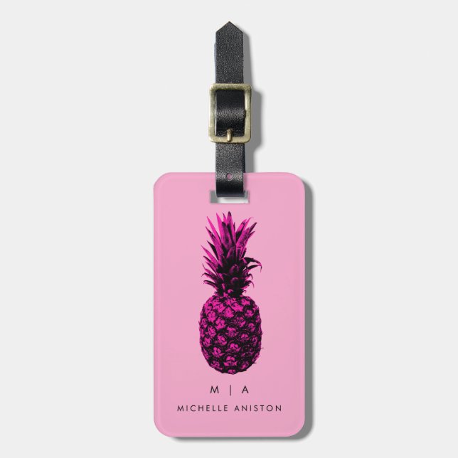 Svart Rosa Trendig ananas | MonogramAnpassningsbar Bagagebricka (Vertikal Framsida)