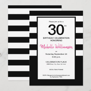 Svart, Rosa, Vita rand, 30års födelsedag party Inbjudningar