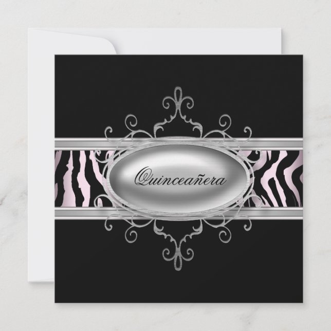 Svart Rosa Zebra Quinceanera Inbjudan (Framsida)