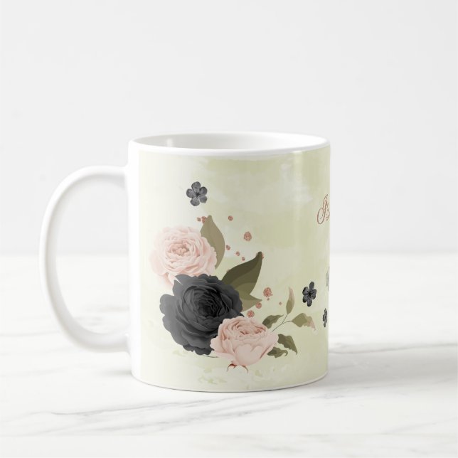 svart rosafärgade blommor  kaffemugg (Vänster)