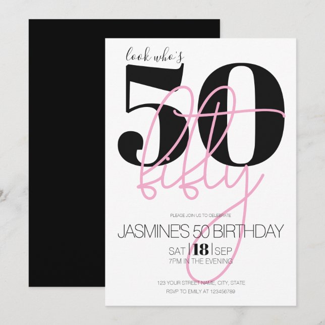 Svart Rosé Modern Elegant 50 Födelsedag  Inbjudningar (Fram/baksida)