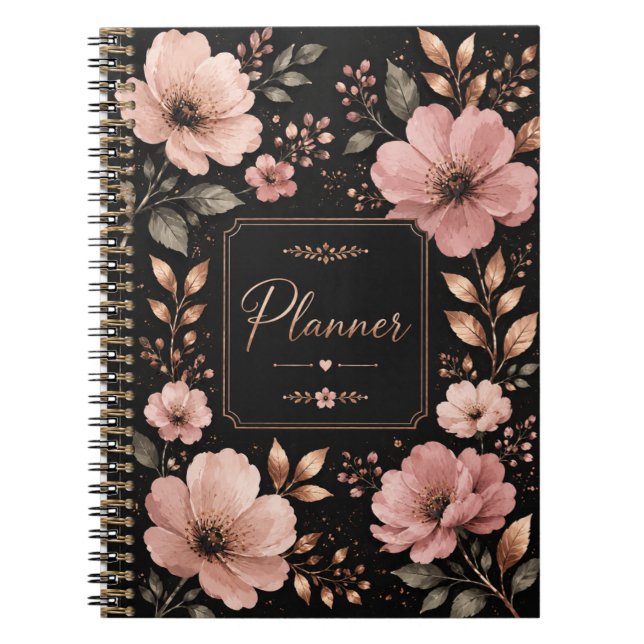 Svart & Roséguld Blommig Planerare Anteckningsbok (Framsidan)