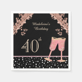 Svart & Roséguld Champagne 40-års Cocktail Pappersservett