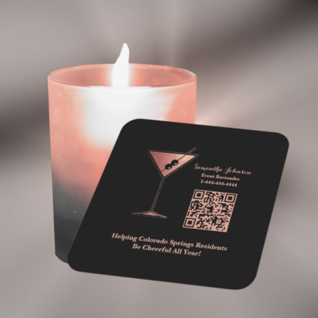 Svart & Roséguld Glitter Event Bartender Underlägg Papper Kvadrat (Easily change the information to make this coaster your own.
)